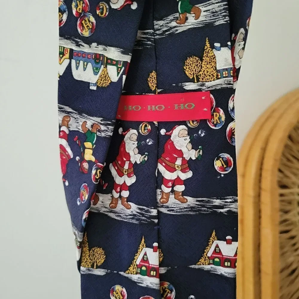 100% Silk Christmas Tie Santa Claus Navy Blue Red White Green